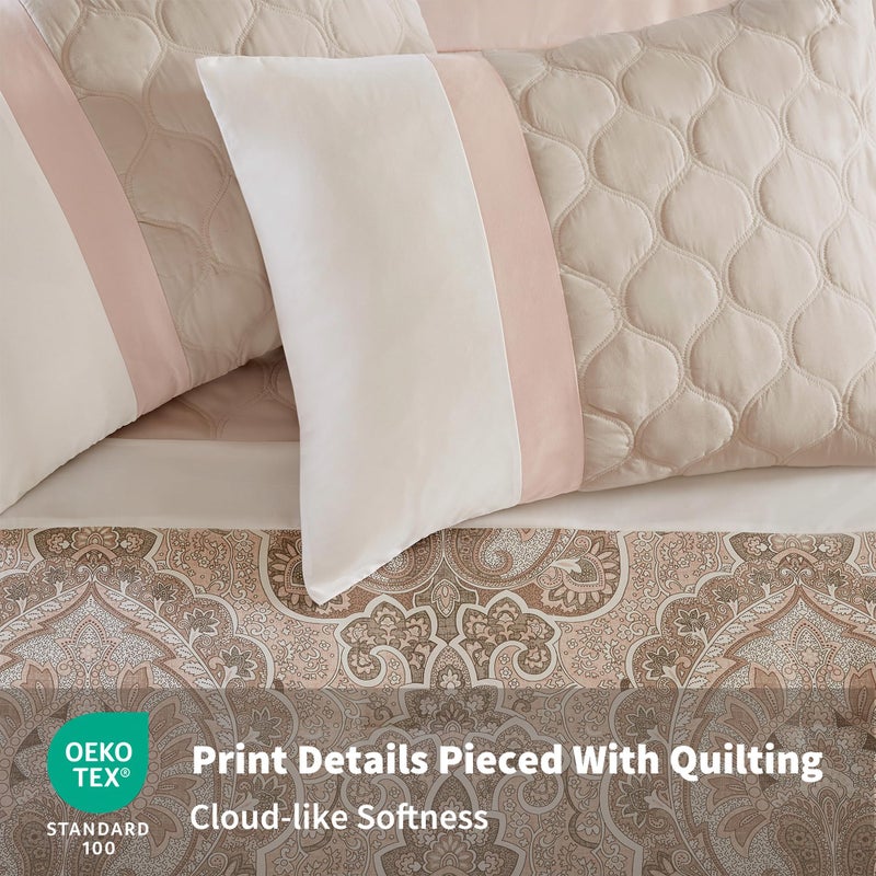 510 DESIGN Luxe Quilted Comforter Set Modern Transitional Design, All Season Down Alternative Warm Bedding Matching Shams, Bedskirt, Decorative Pillow, King, Shawnee Scrollwork Blush - Image 4